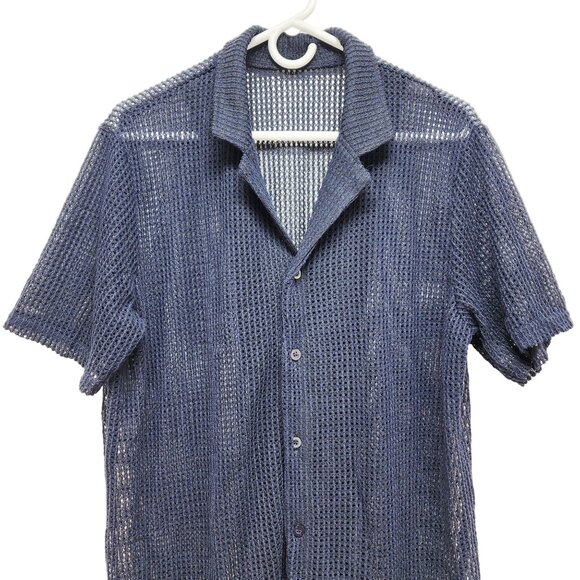 Mens Navy Blue Mesh Button-Up Shirt By URRU Size L Short Sleeve Lightweight - Picture 5 of 10